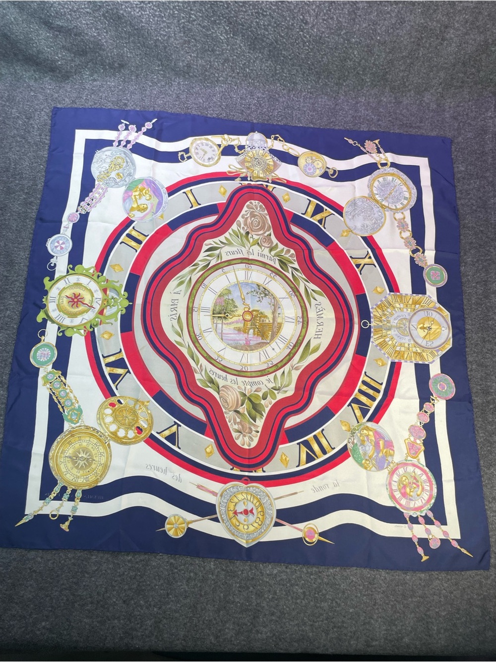 Hermes Multicolor Silk Scarf with Navy, Red, White and Gold Accents - Picture 16 of 16
